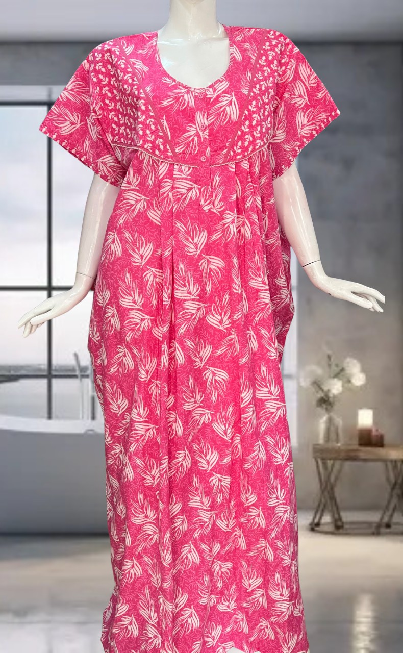 Pink Leafy Pure Cotton Nighty. Pure Durable Cotton | Laces and Frills
