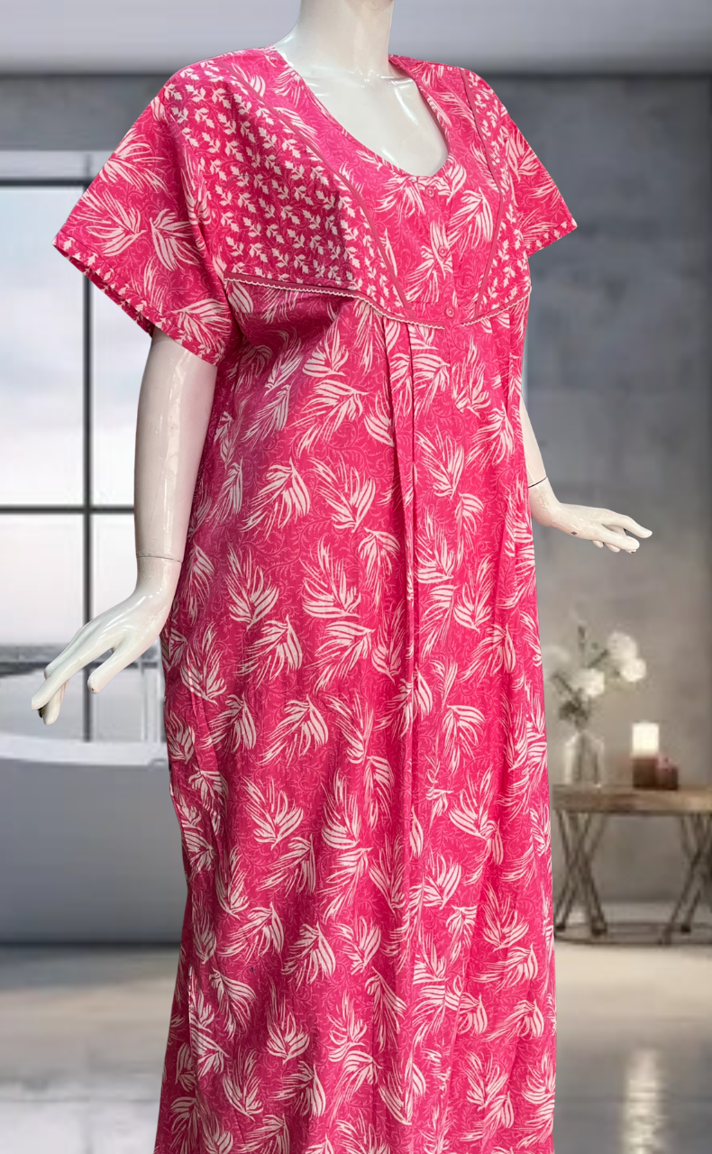 Pink Leafy Pure Cotton Nighty. Pure Durable Cotton | Laces and Frills