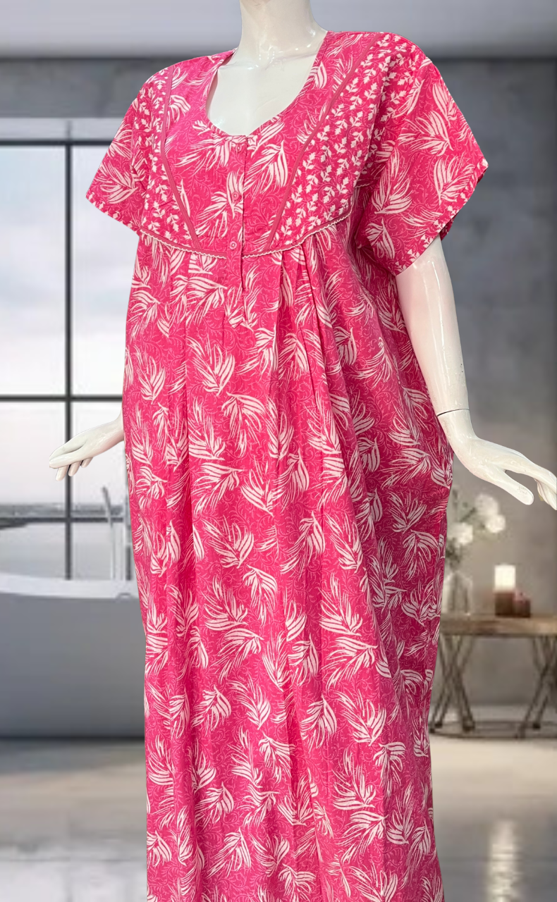 Pink Leafy Pure Cotton Nighty. Pure Durable Cotton | Laces and Frills