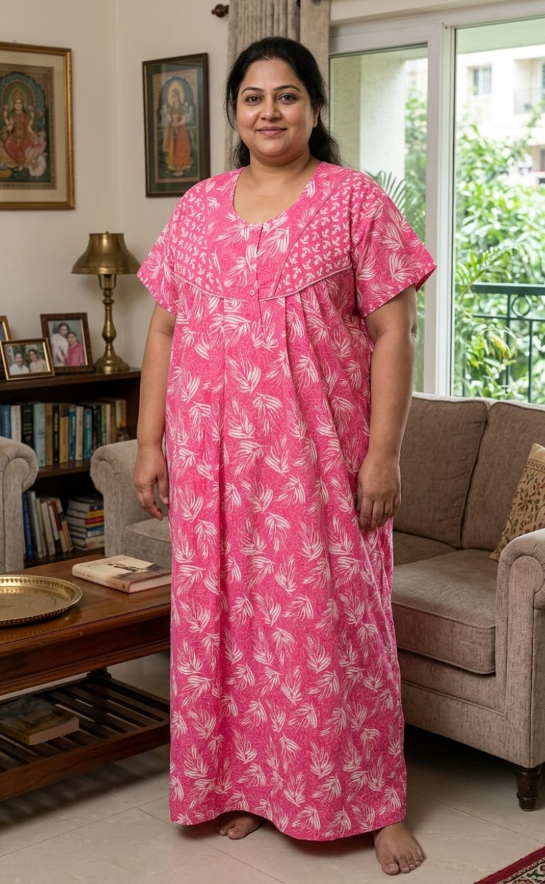 Pink Leafy Pure Cotton Nighty. Pure Durable Cotton | Laces and Frills