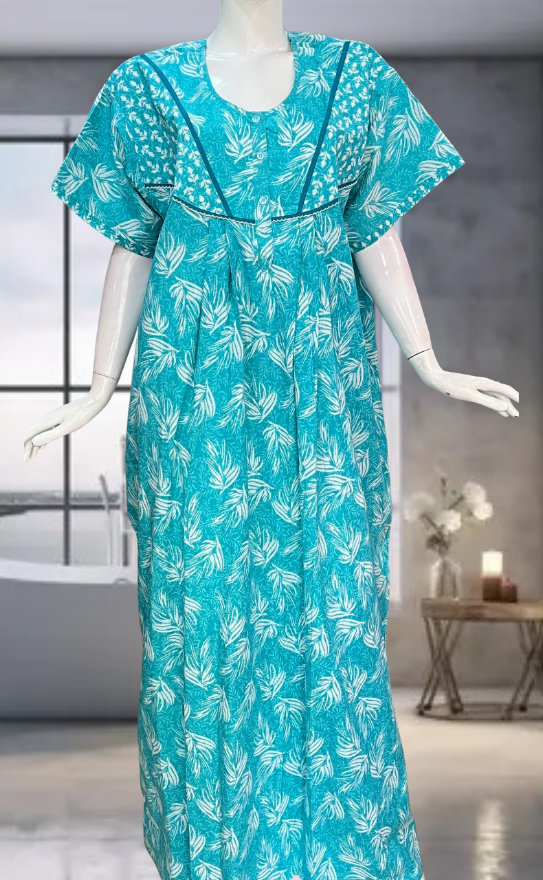 Sea Green Leafy Pure Cotton Nighty. Pure Durable Cotton | Laces and Frills