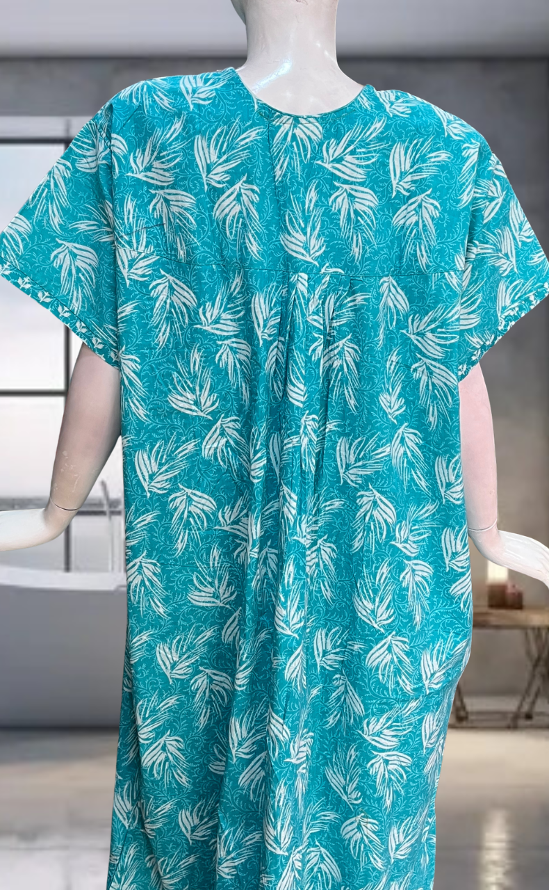 Sea Green Leafy Pure Cotton Nighty. Pure Durable Cotton | Laces and Frills