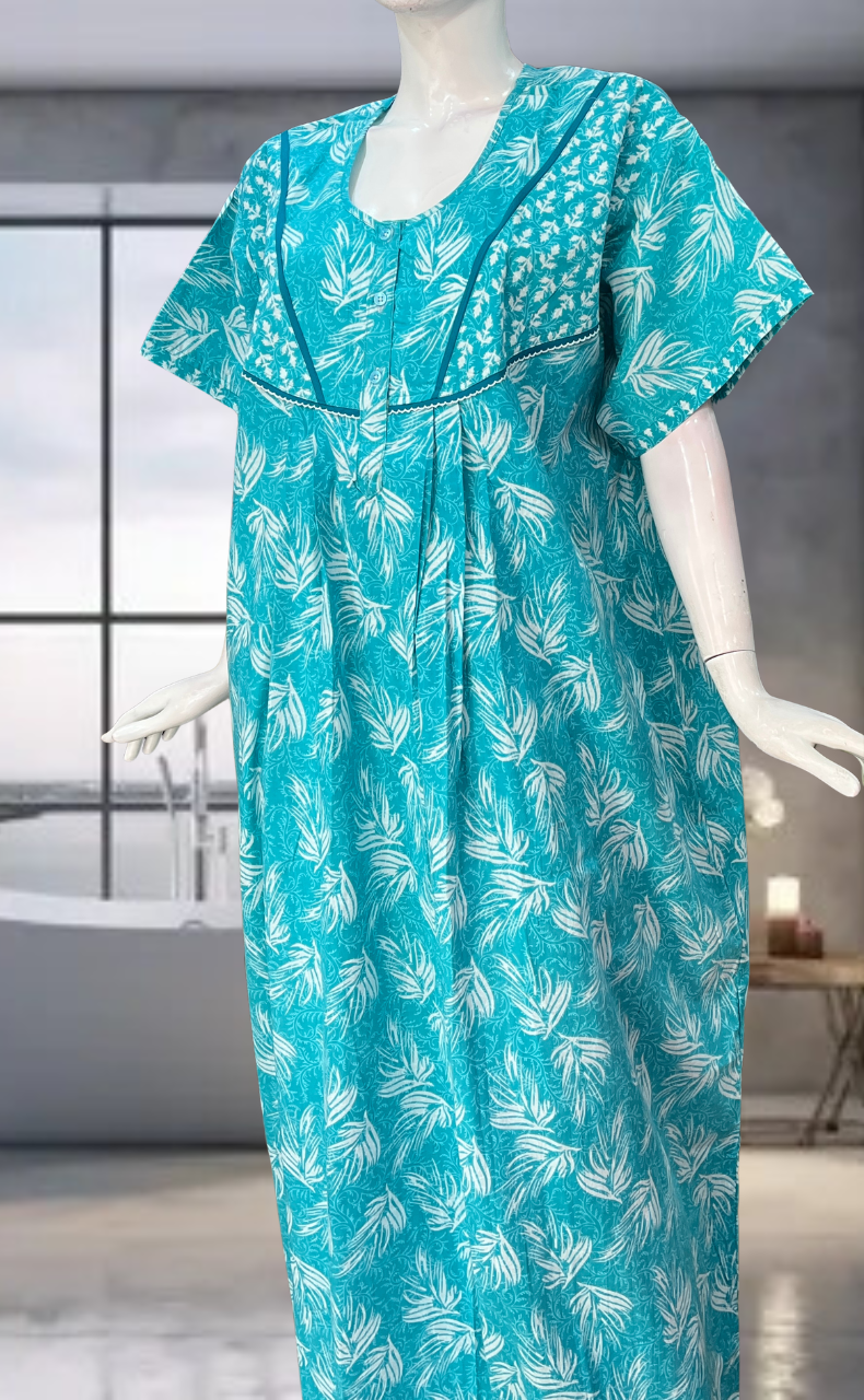 Sea Green Leafy Pure Cotton Nighty. Pure Durable Cotton | Laces and Frills