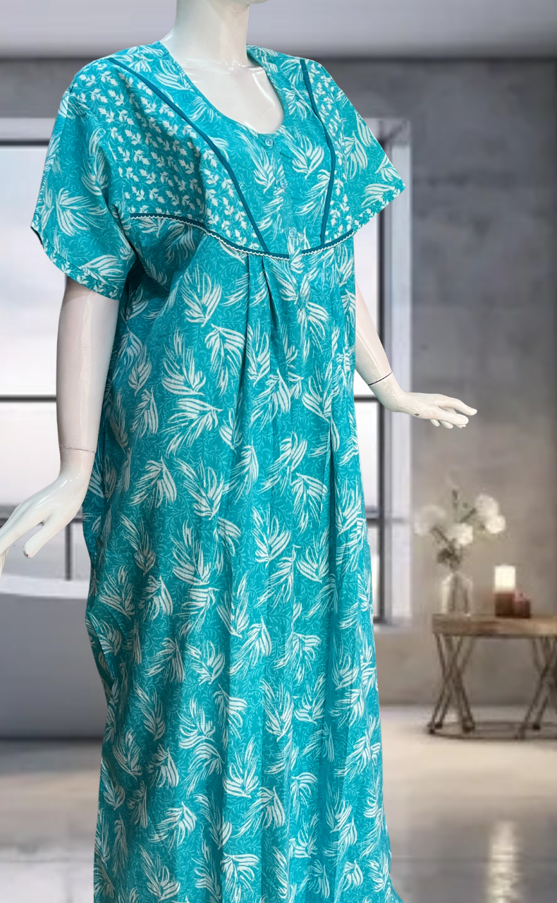 Sea Green Leafy Pure Cotton Nighty. Pure Durable Cotton | Laces and Frills