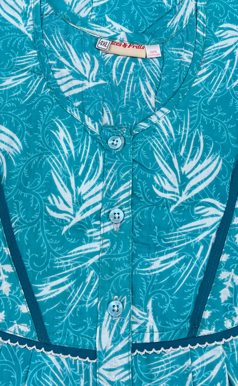 Sea Green Leafy Pure Cotton Nighty. Pure Durable Cotton | Laces and Frills