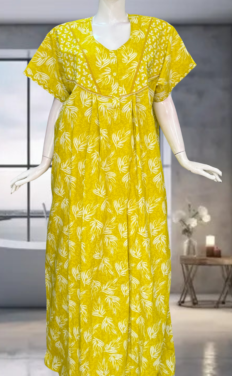 Yellow Leafy Pure Cotton Nighty. Pure Durable Cotton | Laces and Frills