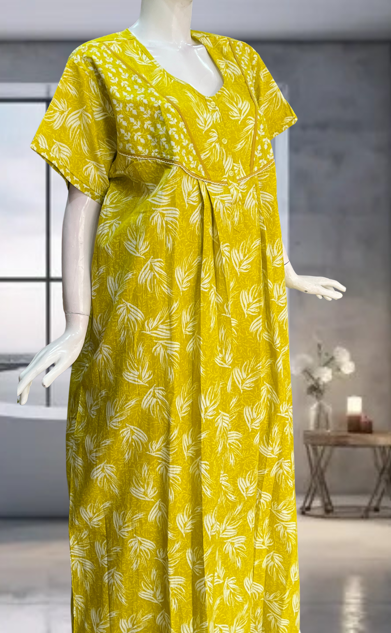 Yellow Leafy Pure Cotton Nighty. Pure Durable Cotton | Laces and Frills