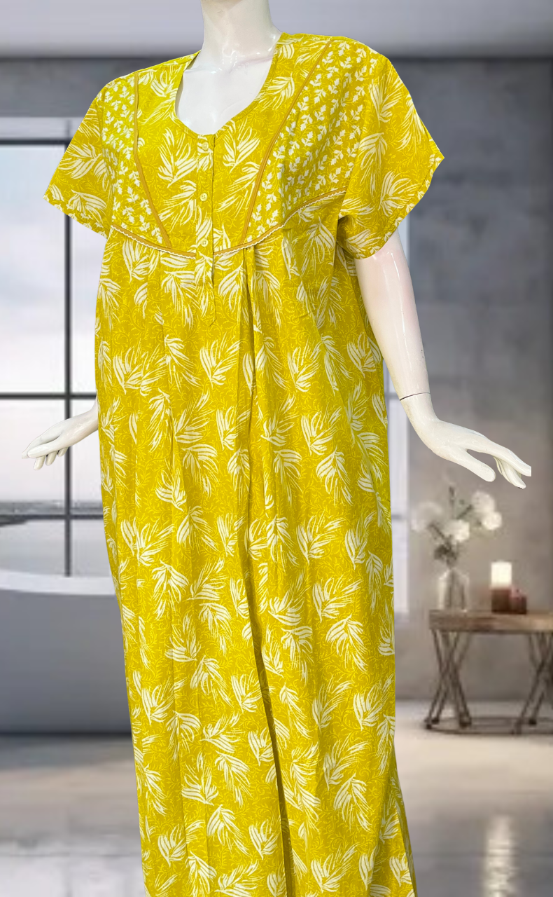 Yellow Leafy Pure Cotton Nighty. Pure Durable Cotton | Laces and Frills