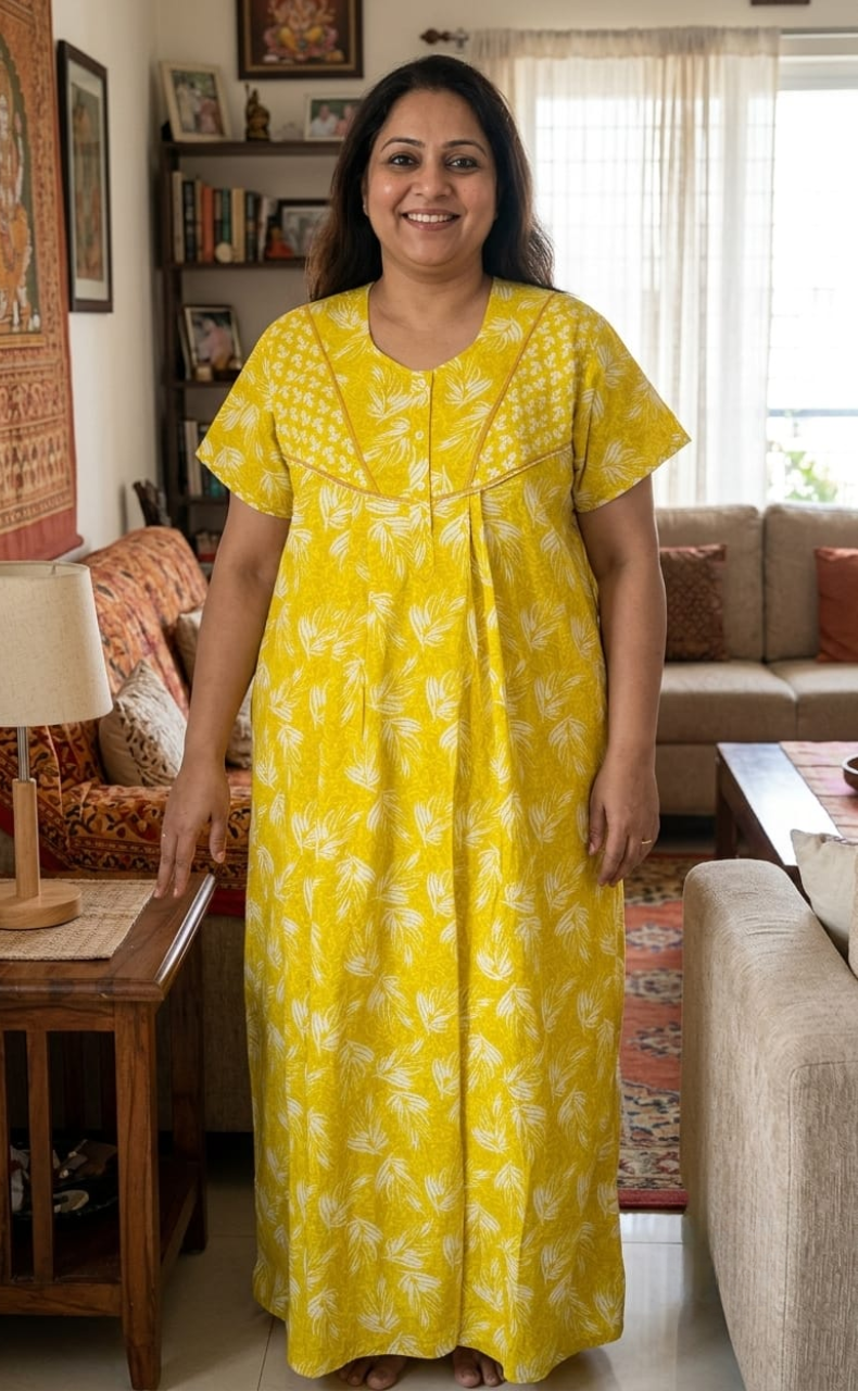 Yellow Leafy Pure Cotton Nighty. Pure Durable Cotton | Laces and Frills
