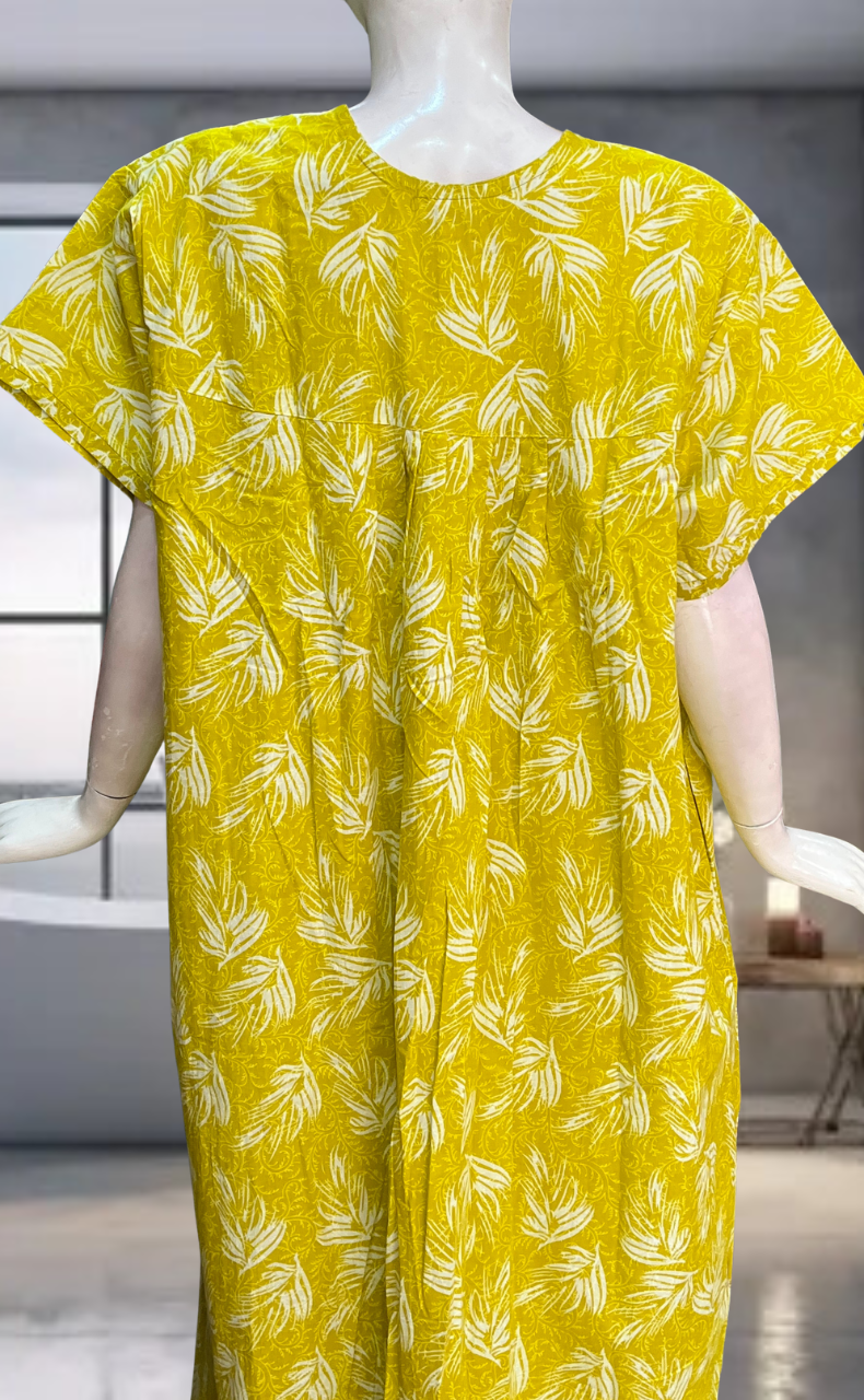 Yellow Leafy Pure Cotton Nighty. Pure Durable Cotton | Laces and Frills
