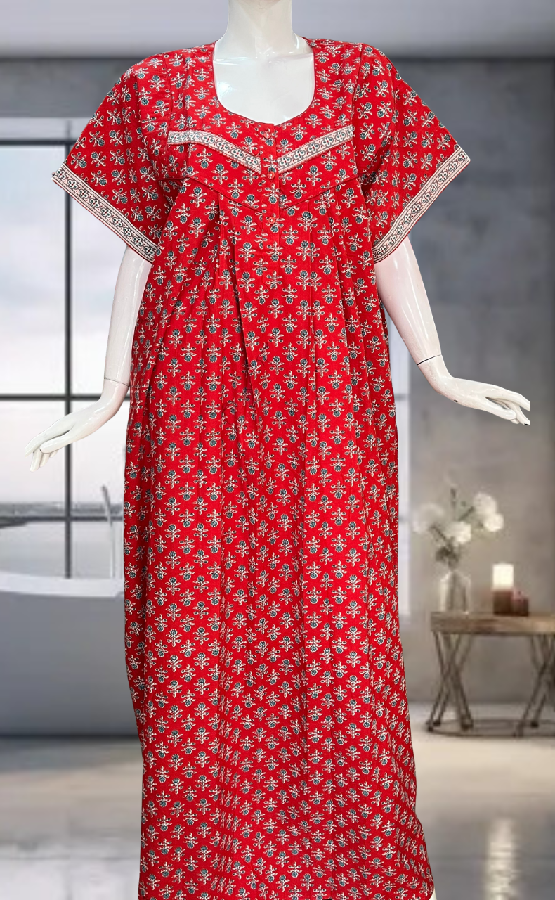 Red Flora Pure Cotton Nighty. Pure Durable Cotton | Laces and Frills