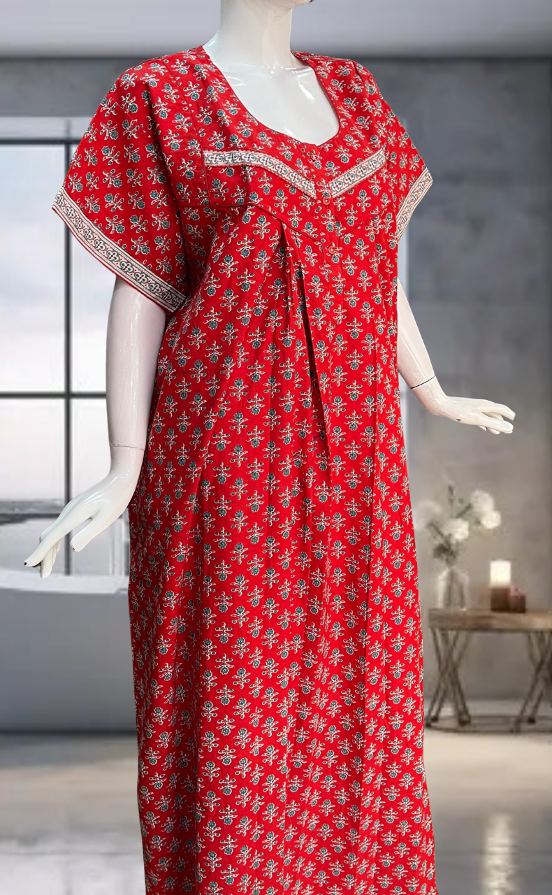 Red Flora Pure Cotton Nighty. Pure Durable Cotton | Laces and Frills