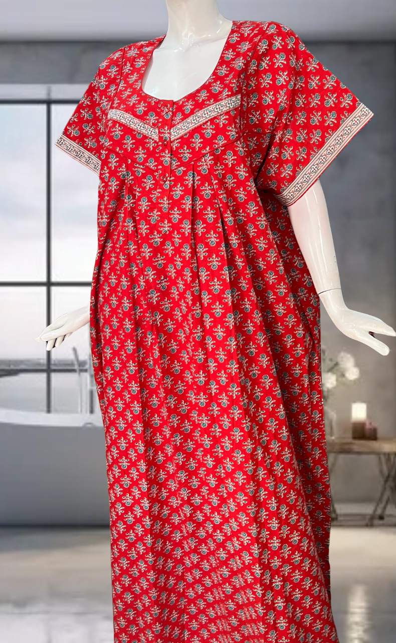 Red Flora Pure Cotton Nighty. Pure Durable Cotton | Laces and Frills
