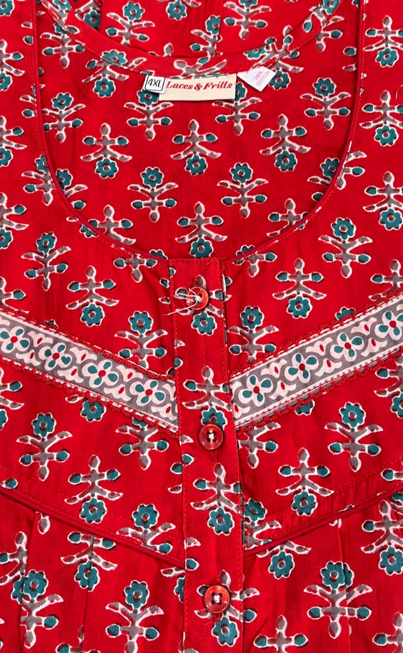 Red Flora Pure Cotton Nighty. Pure Durable Cotton | Laces and Frills