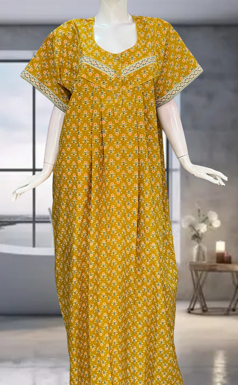 Mustard Flora Pure Cotton Nighty. Pure Durable Cotton | Laces and Frills