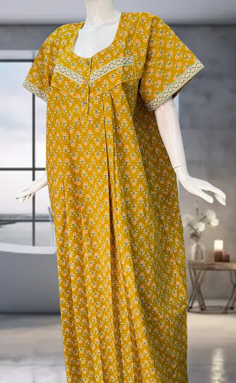 Mustard Flora Pure Cotton Nighty. Pure Durable Cotton | Laces and Frills