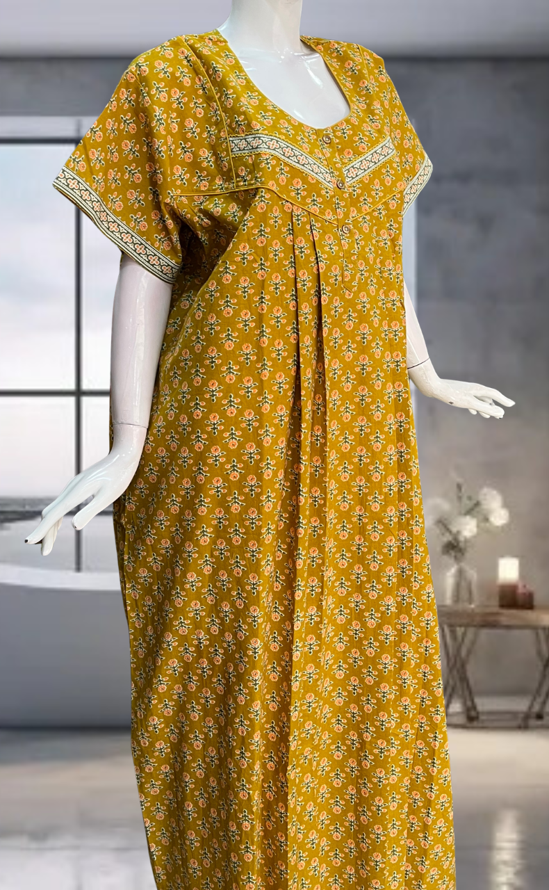 Mustard Flora Pure Cotton Nighty. Pure Durable Cotton | Laces and Frills