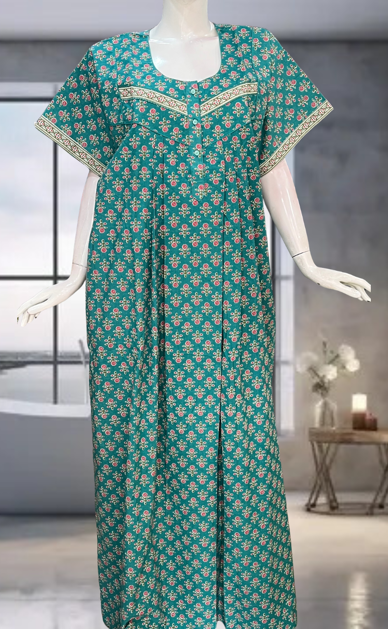 Sea Green Flora Pure Cotton Nighty. Pure Durable Cotton | Laces and Frills
