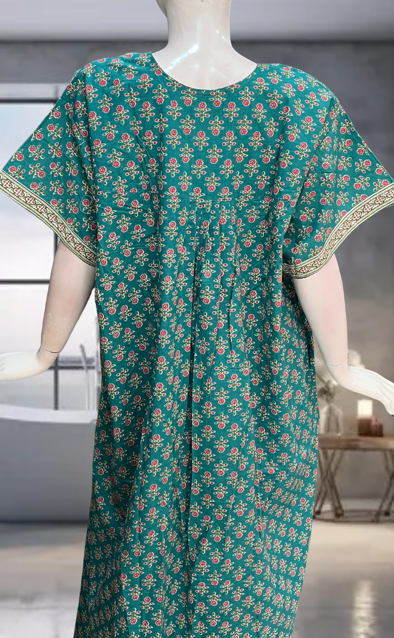 Sea Green Flora Pure Cotton Nighty. Pure Durable Cotton | Laces and Frills