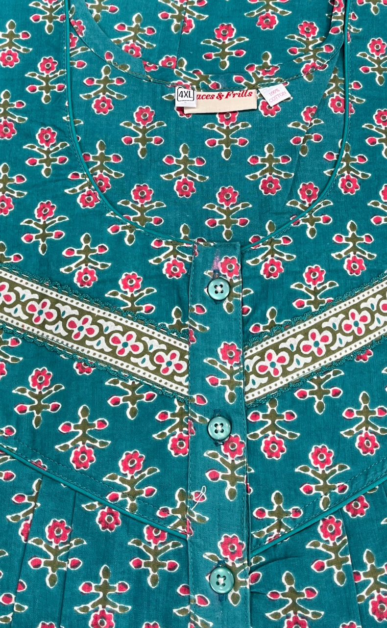 Sea Green Flora Pure Cotton Nighty. Pure Durable Cotton | Laces and Frills