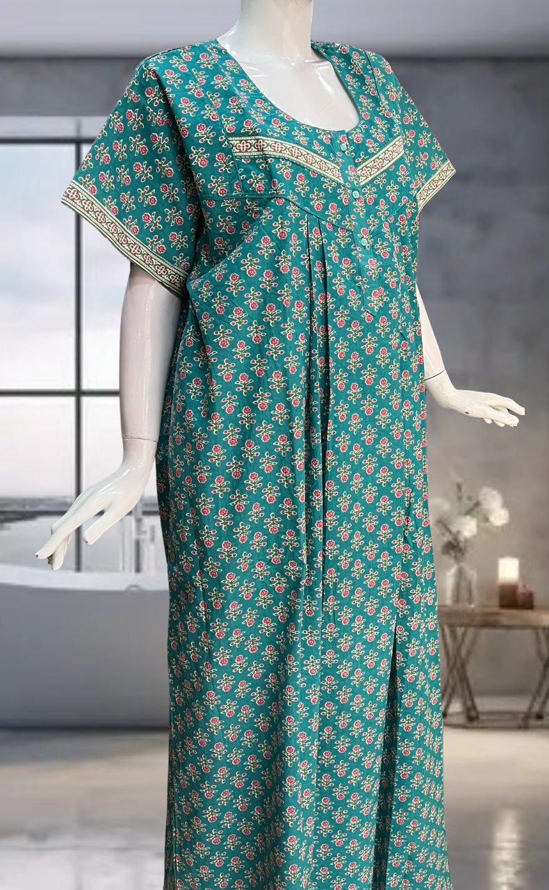 Sea Green Flora Pure Cotton Nighty. Pure Durable Cotton | Laces and Frills