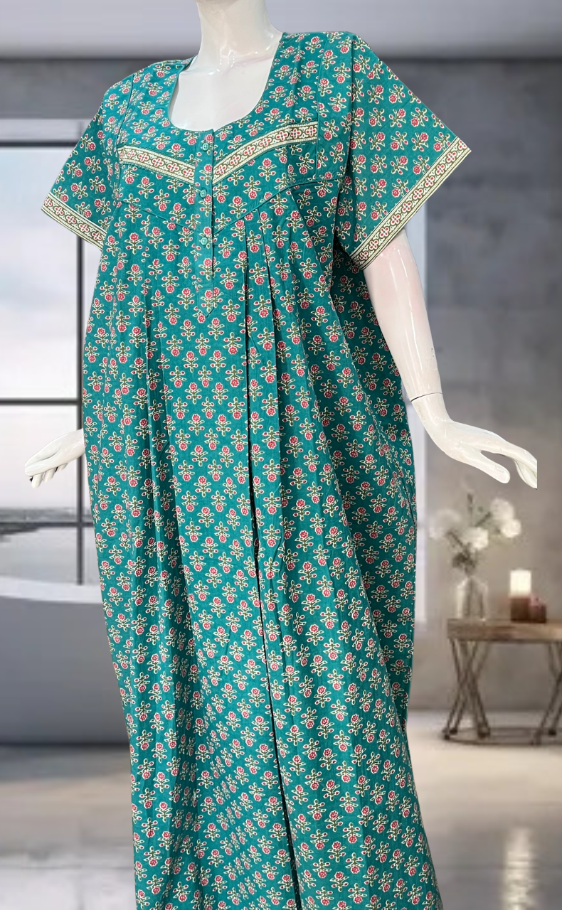 Sea Green Flora Pure Cotton Nighty. Pure Durable Cotton | Laces and Frills