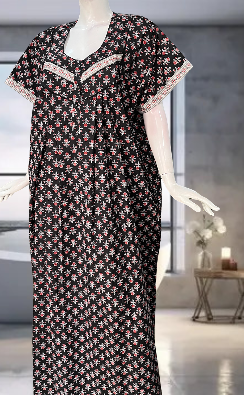 Black Flora Pure Cotton Nighty. Pure Durable Cotton | Laces and Frills