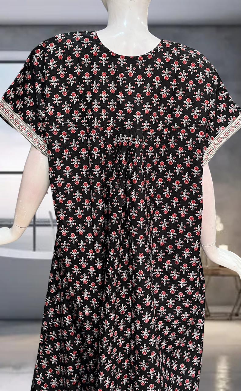 Black Flora Pure Cotton Nighty. Pure Durable Cotton | Laces and Frills