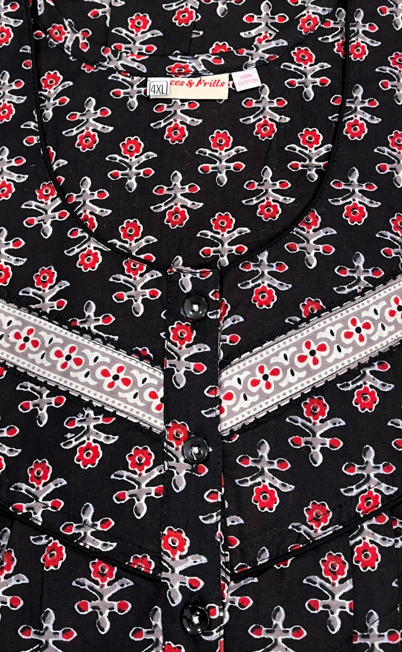 Black Flora Pure Cotton Nighty. Pure Durable Cotton | Laces and Frills