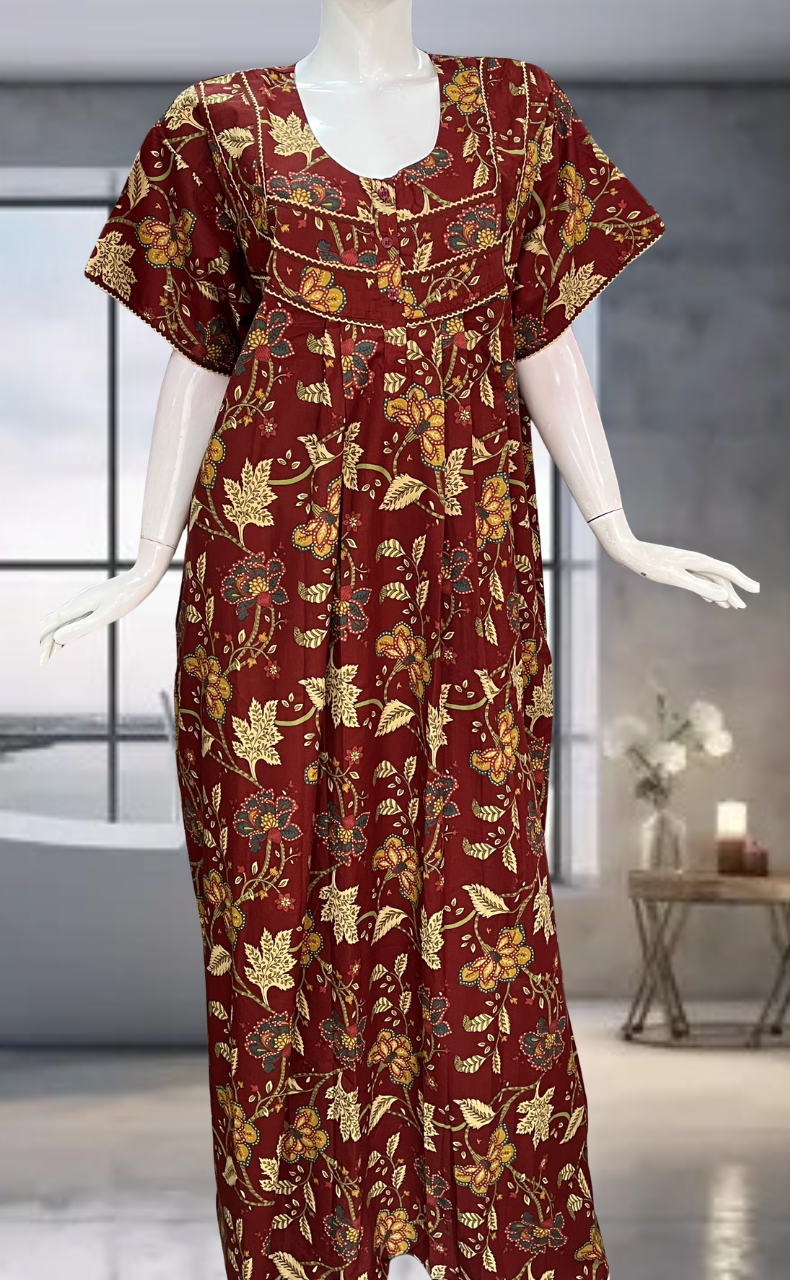Maroon Garden Pure Cotton Nighty. Pure Durable Cotton | Laces and Frills