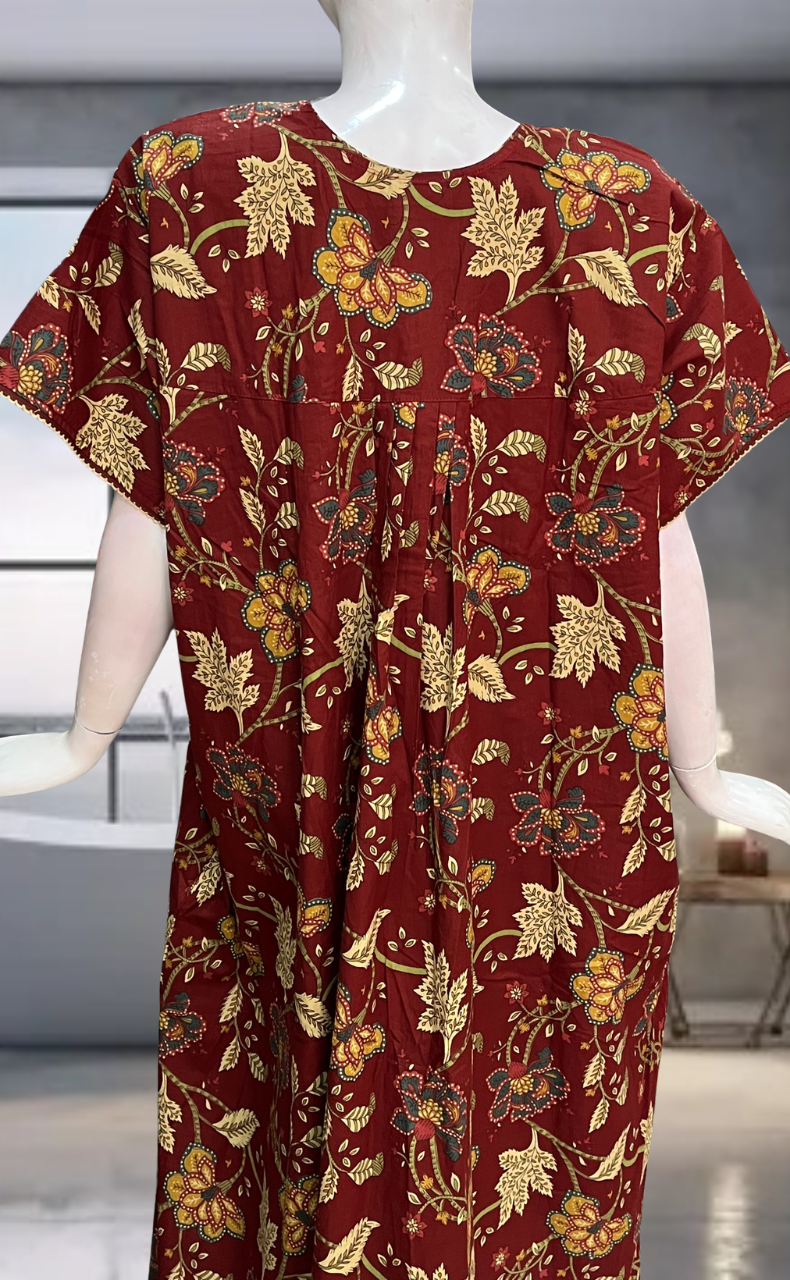 Maroon Garden Pure Cotton Nighty. Pure Durable Cotton | Laces and Frills