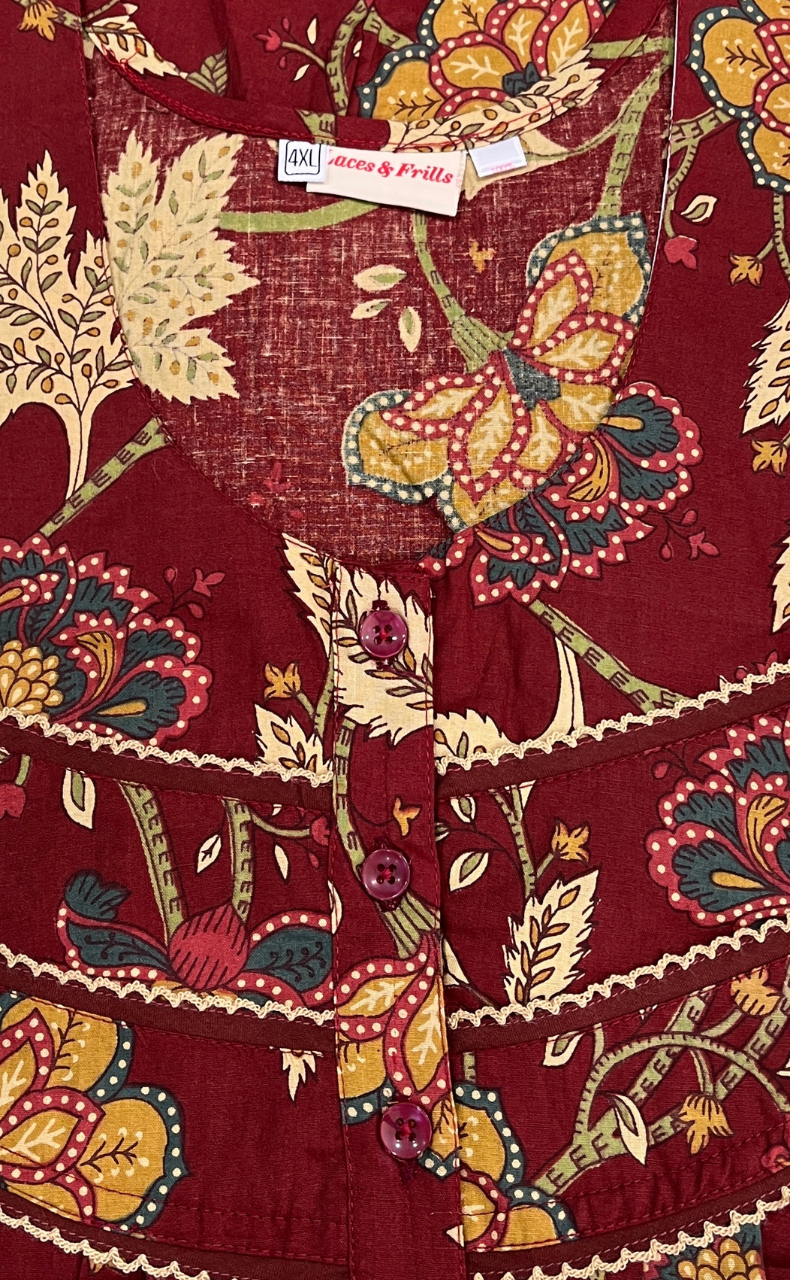 Maroon Garden Pure Cotton Nighty. Pure Durable Cotton | Laces and Frills