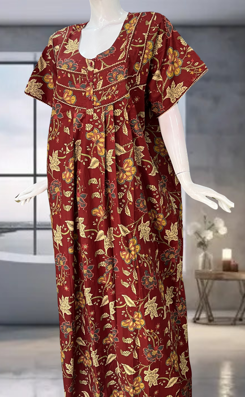 Maroon Garden Pure Cotton Nighty. Pure Durable Cotton | Laces and Frills