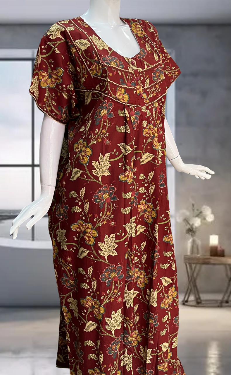 Maroon Garden Pure Cotton Nighty. Pure Durable Cotton | Laces and Frills