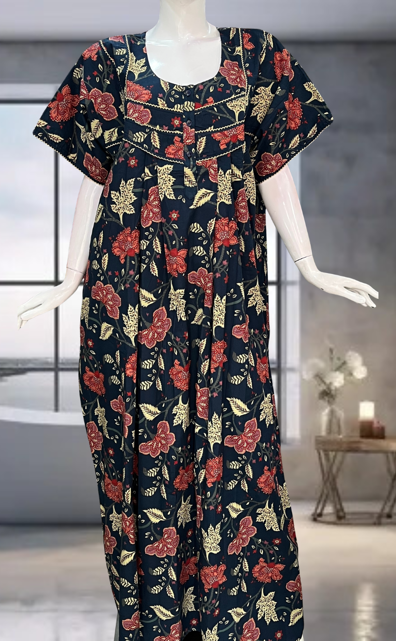 Navy Blue Garden Pure Cotton Nighty. Pure Durable Cotton | Laces and Frills