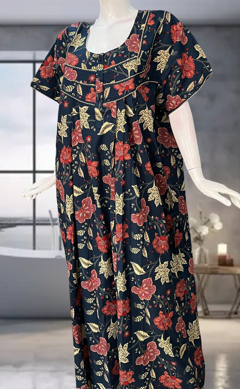 Navy Blue Garden Pure Cotton Nighty. Pure Durable Cotton | Laces and Frills