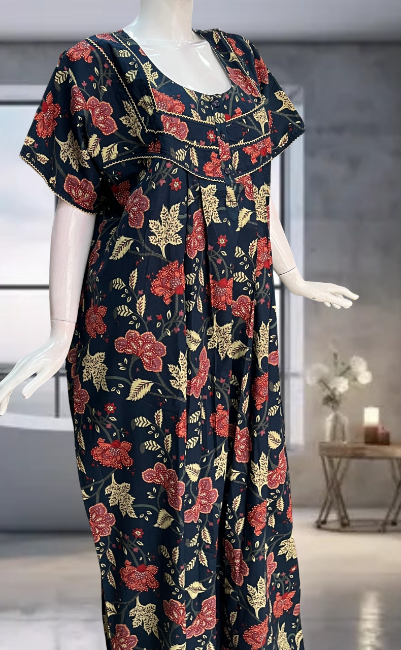 Navy Blue Garden Pure Cotton Nighty. Pure Durable Cotton | Laces and Frills