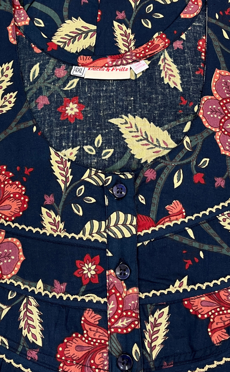 Navy Blue Garden Pure Cotton Nighty. Pure Durable Cotton | Laces and Frills