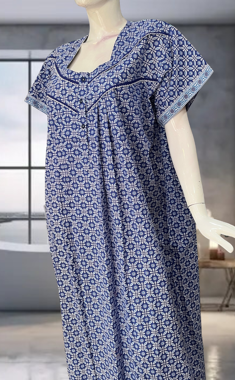 Blue Flora Pure Cotton Nighty. Pure Durable Cotton | Laces and Frills