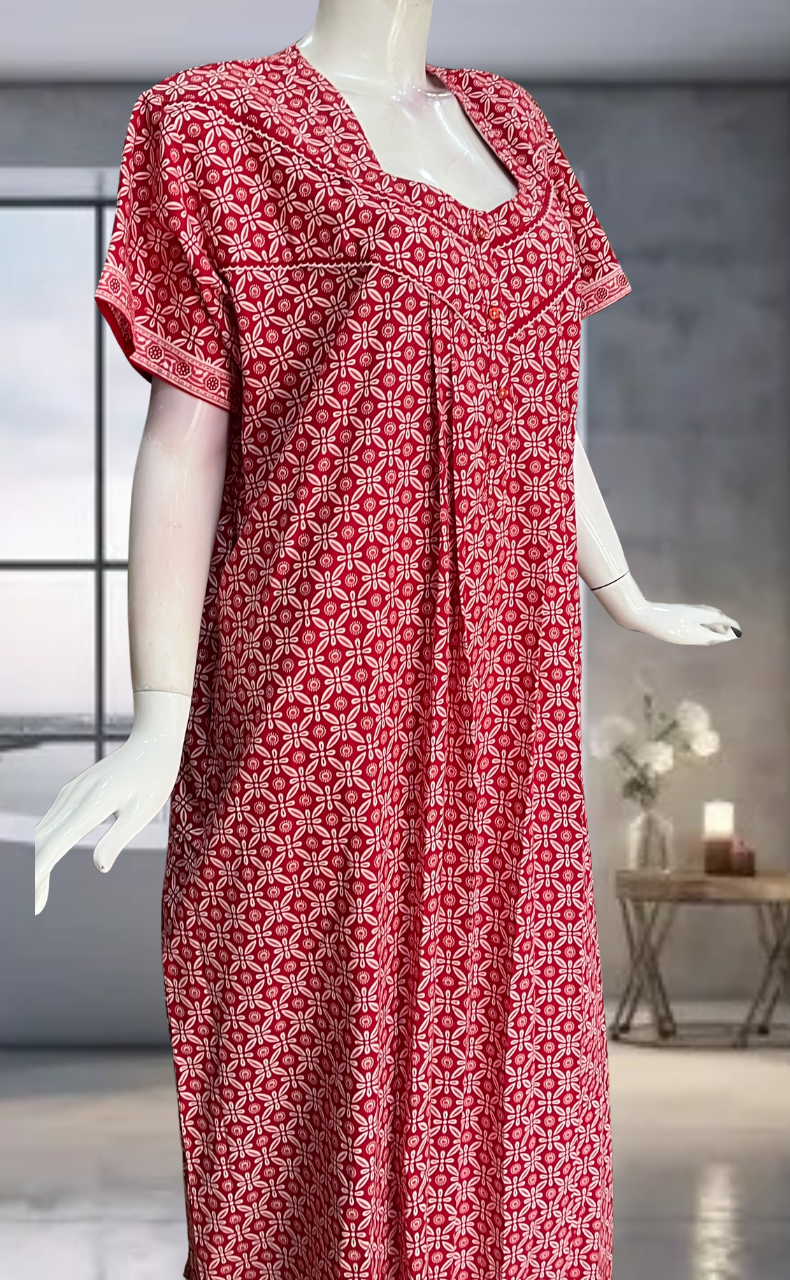 Red Flora Pure Cotton Nighty. Pure Durable Cotton | Laces and Frills
