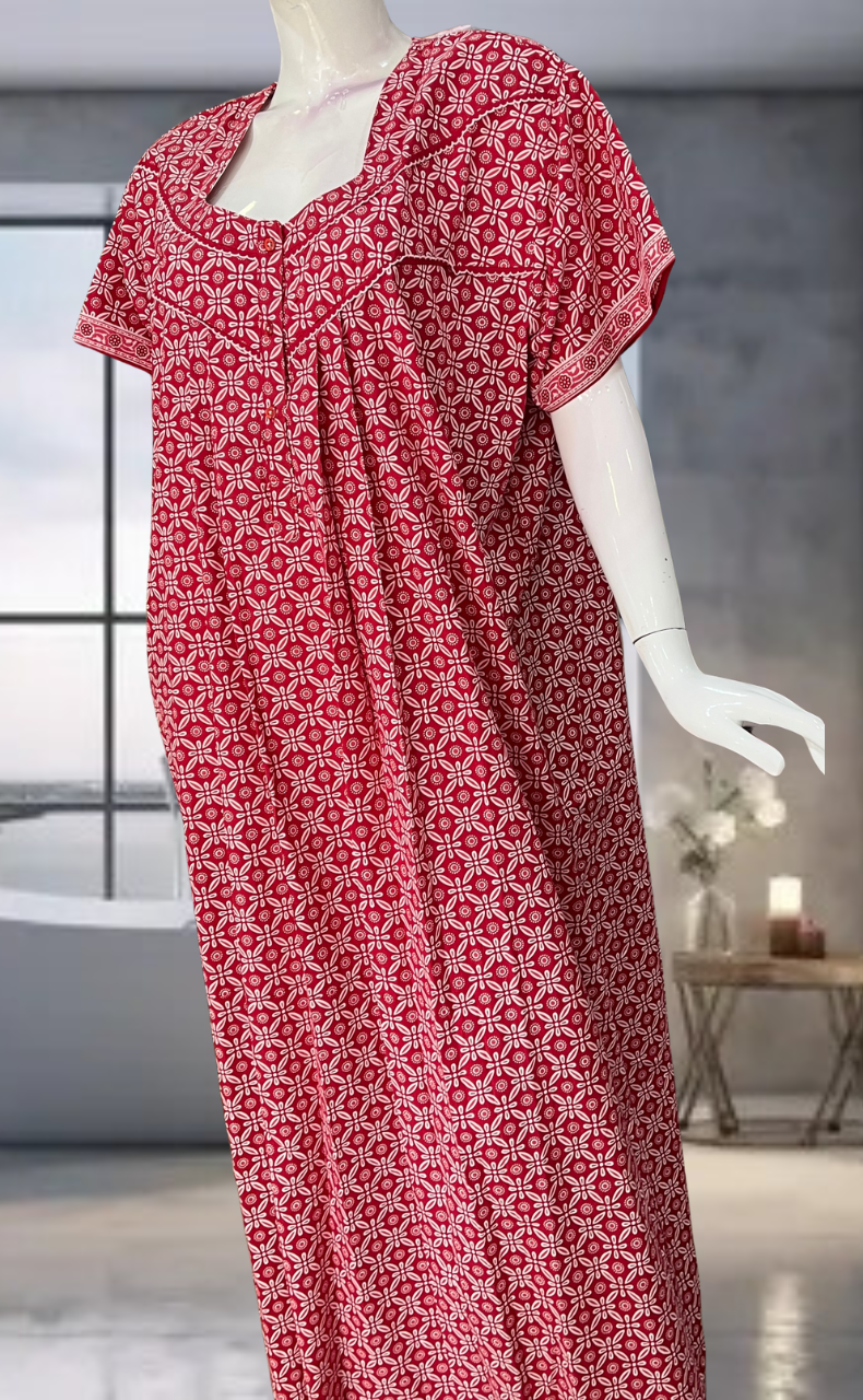 Red Flora Pure Cotton Nighty. Pure Durable Cotton | Laces and Frills