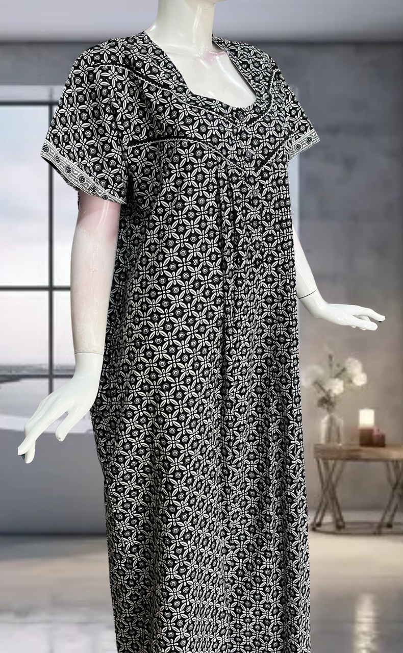 Black Flora Pure Cotton Nighty. Pure Durable Cotton | Laces and Frills