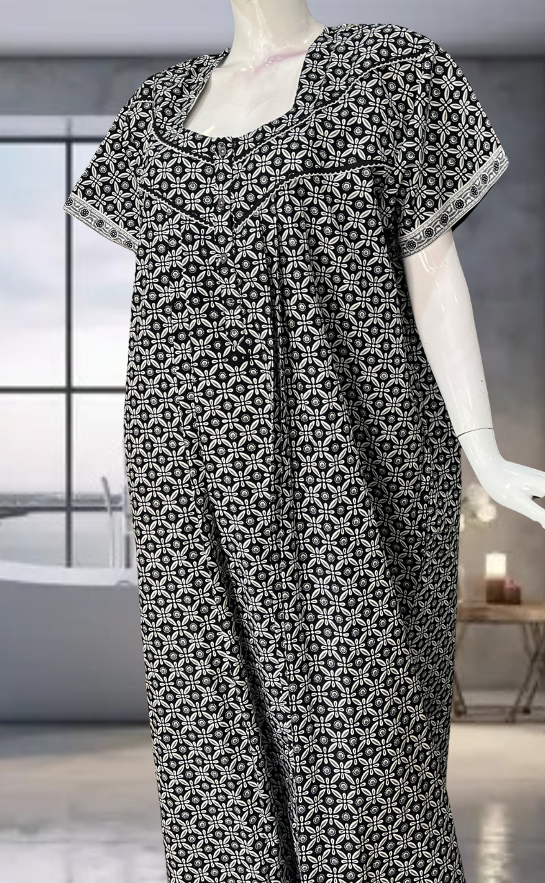 Black Flora Pure Cotton Nighty. Pure Durable Cotton | Laces and Frills