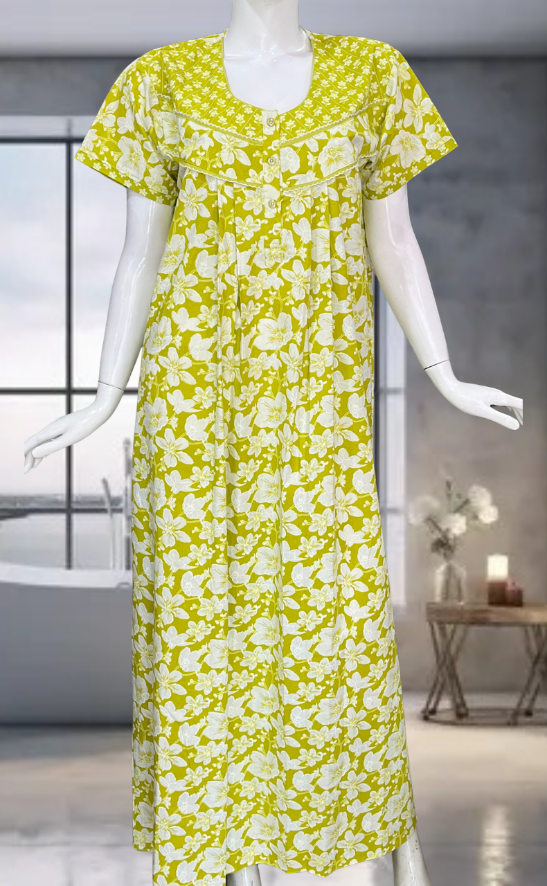 Lime Yellow Garden Pure Cotton Nighty. Pure Durable Cotton | Laces and Frills