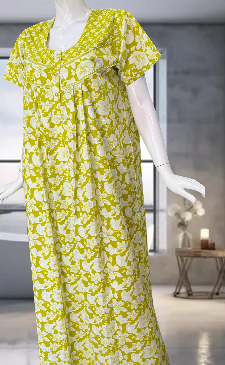 Lime Yellow Garden Pure Cotton Nighty. Pure Durable Cotton | Laces and Frills