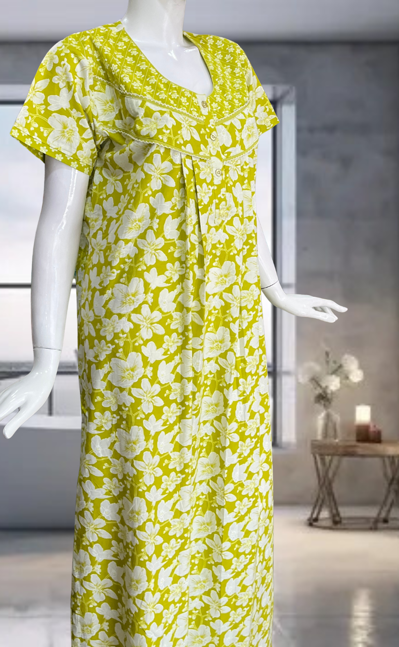 Lime Yellow Garden Pure Cotton Nighty. Pure Durable Cotton | Laces and Frills