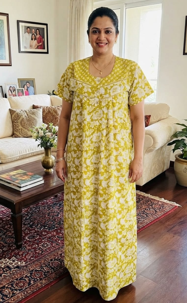 Lime Yellow Garden Pure Cotton Nighty. Pure Durable Cotton | Laces and Frills