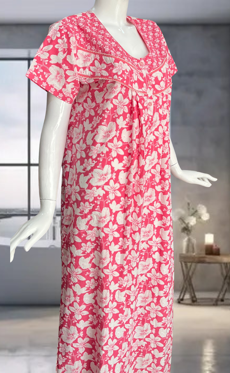 Pink Garden Pure Cotton Nighty. Pure Durable Cotton | Laces and Frills