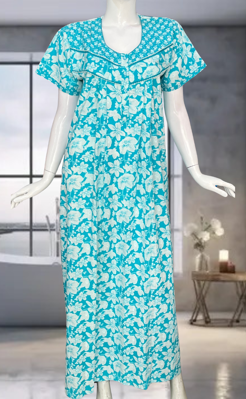 Sky Blue Garden Pure Cotton Nighty. Pure Durable Cotton | Laces and Frills