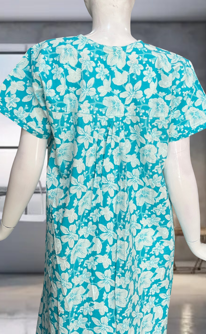 Sky Blue Garden Pure Cotton Nighty. Pure Durable Cotton | Laces and Frills